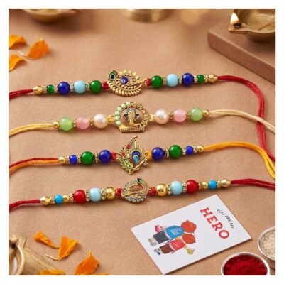 Ascension Set of 4 Peacock & Ganesha Beads Designer Rakhi Set for Brother, Bhai Rakhi Combo for Bhaiya & Sister Bracelet with Roli Tilak & You are My Hero Fridge Magnet for Raksha Bandhan Gift