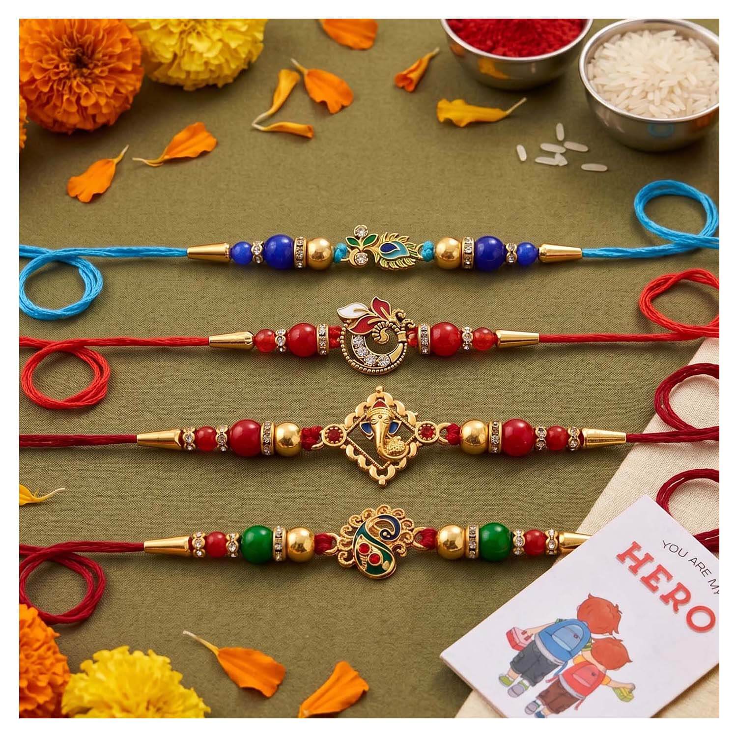 Ascension Set of 4 Peacock, Ganesha & Floral Designer Rakhi Set for Brother, Bhai Rakhi Combo for Bhaiya & Sister Bracelet with Roli Tilak & You are My Hero Fridge Magnet for Raksha Bandhan Gift