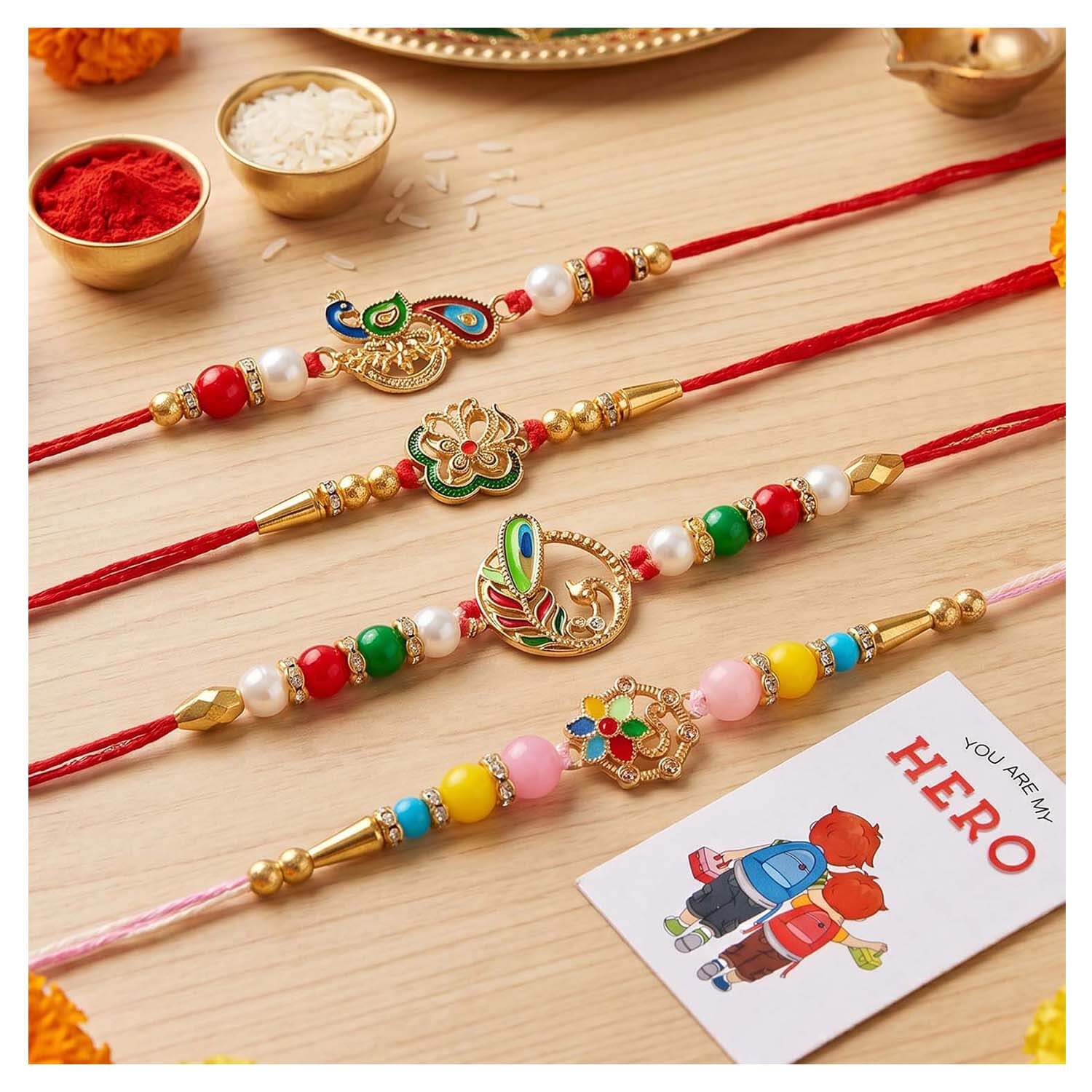 Ascension Set of 4 Peacock & Floral Designer Rakhi Set for Brother, Bhai Rakhi Combo for Bhaiya & Sister Bracelet with Roli Tilak & You are My Hero Fridge Magnet for Raksha Bandhan Gift