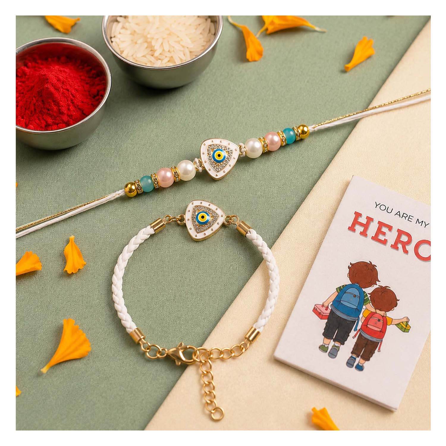 Ascension Evil Eye Rakhi for Bhaiya Bhabhi Couple Rakhi Set for Brother & Sister Bracelet with Roli Tilak & You are My Hero Fridge Magnet Nazar Protection Raksha Bandhan Gift