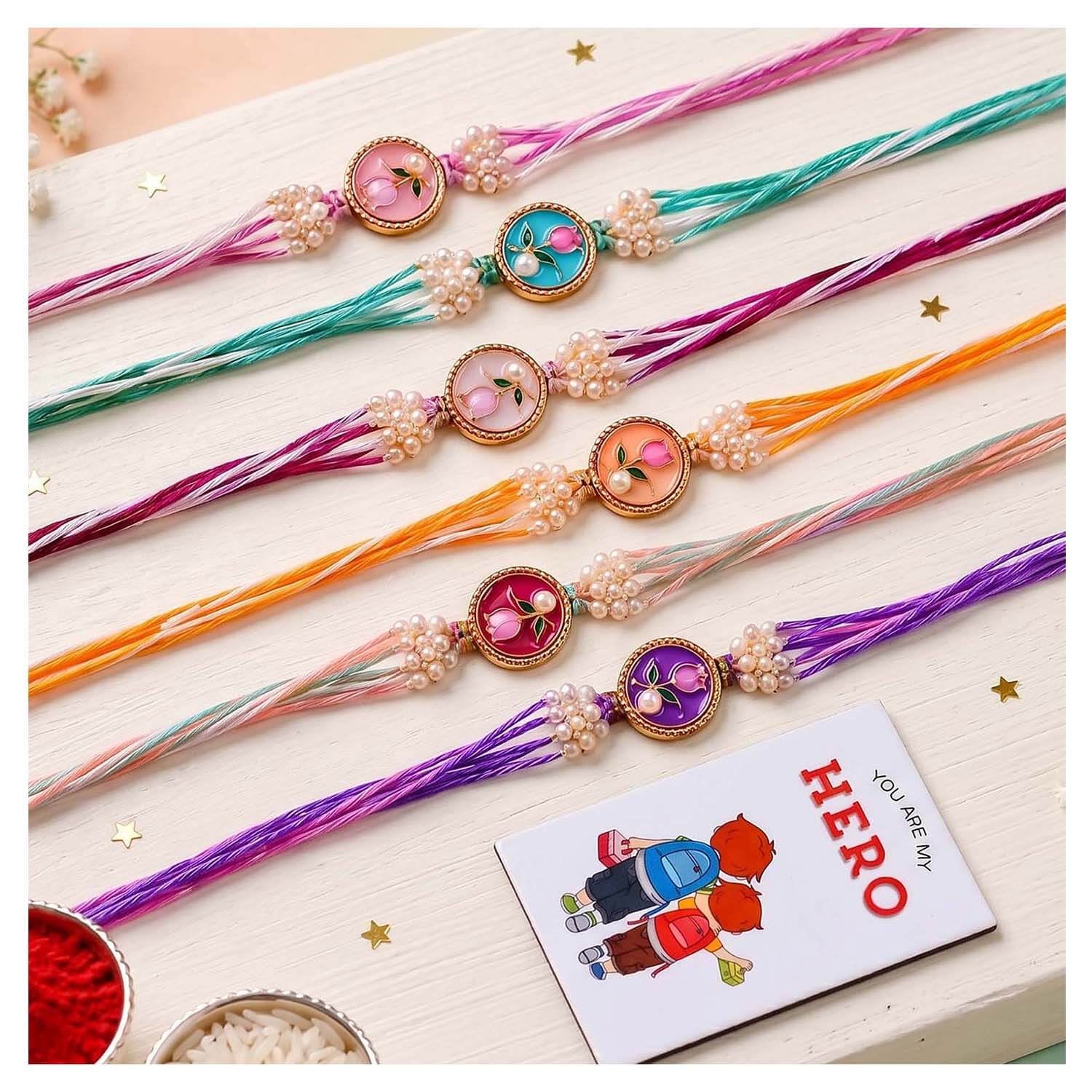 Ascension Set of 6 Floral Designer Rakhi Set for Brother, Bhai Rakhi Combo for Bhaiya & Sister Bracelet with Roli Tilak & You are My Hero Fridge Magnet for Raksha Bandhan Gift