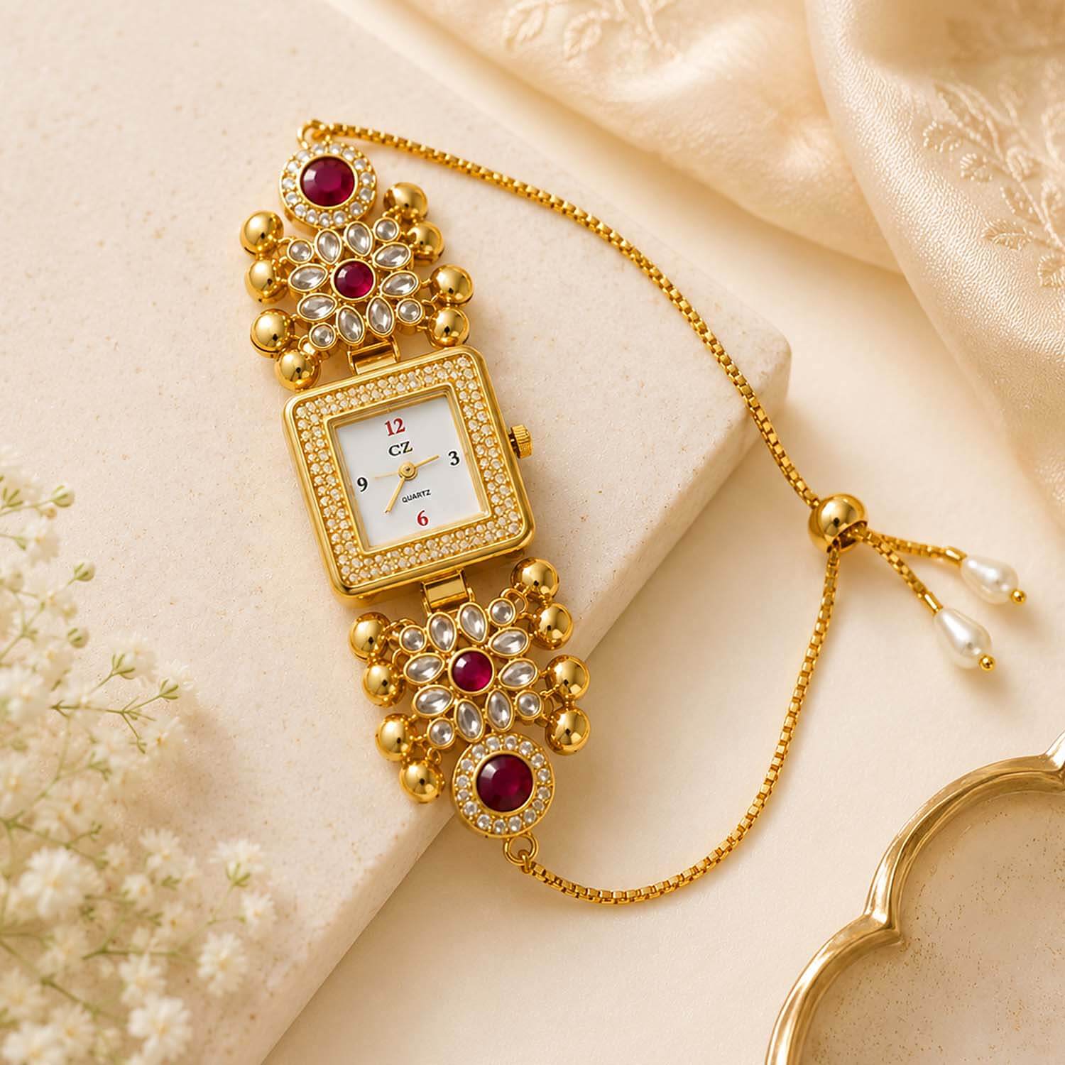 Ascension Premium Designer Kashmiri Watch Rakhi with Kundan & Pearl Detailing Raksha Bandhan Gift Band Bracelet for Bhabhi Sister Girls Rakhi Raksha bandhan Gift (Design 5)