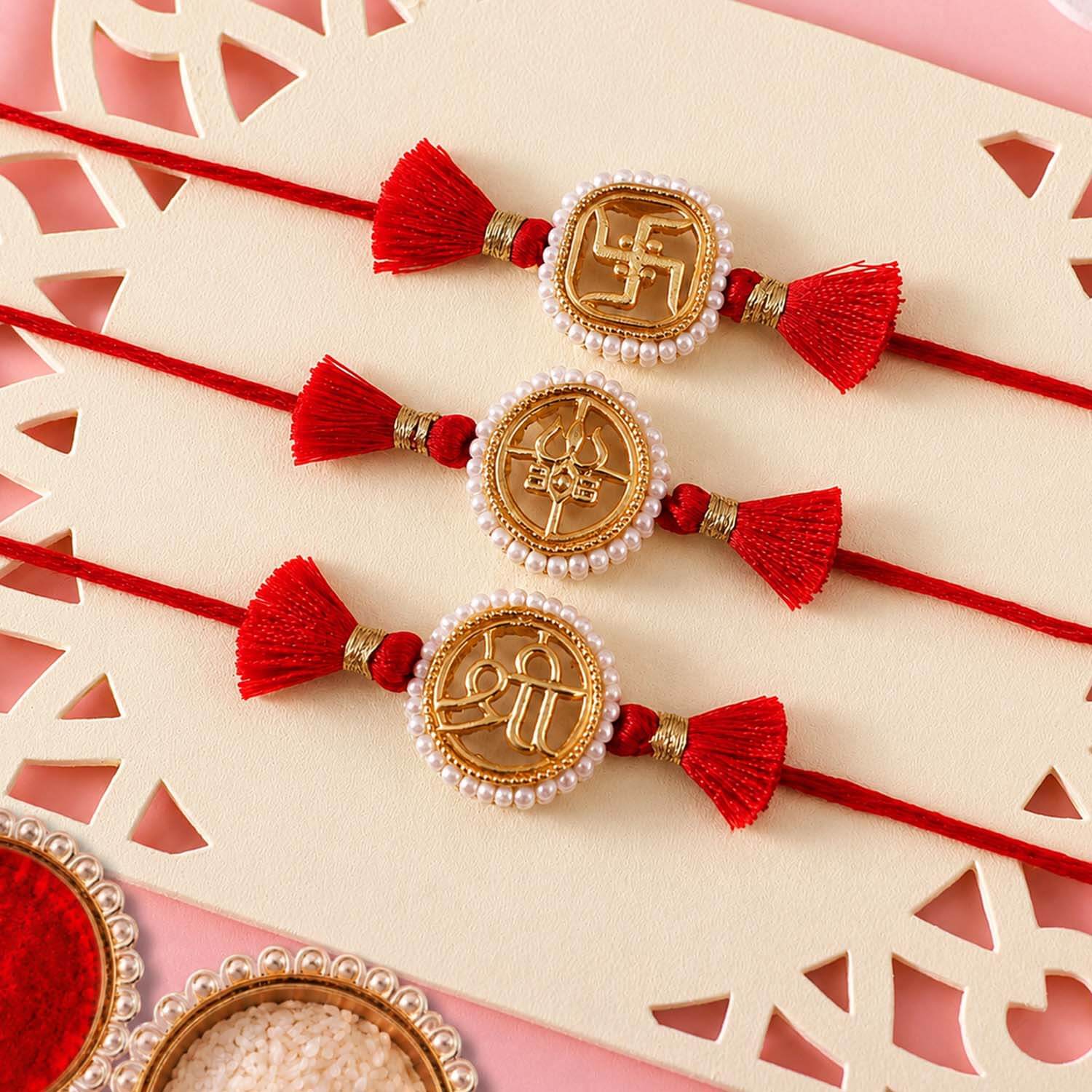 Ascension Set of 3 Swastik Trishul & Shree Designer Rakhi Set for Brother, Bhai Rakhi for Bhaiya & Sister Bracelet with Roli Tilak for Raksha Bandhan Gift