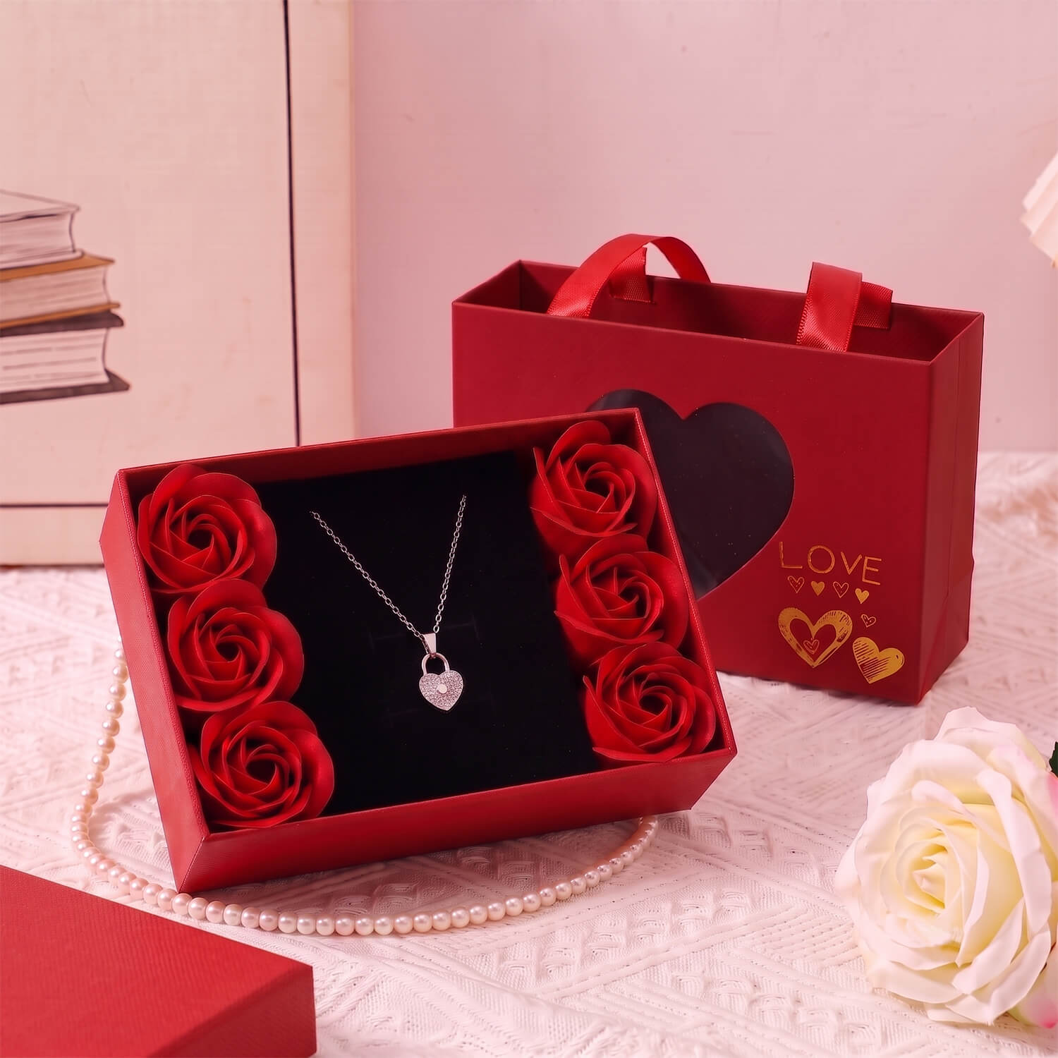 Ascension Rose Gift Box with Heart Pendant Necklace, Luxury Artificial Rose Flower Jewellery Box with Gift Bag Romantic Gift for Women, Wife, Girlfriend, Anniversary, Birthday, Valentine's Day