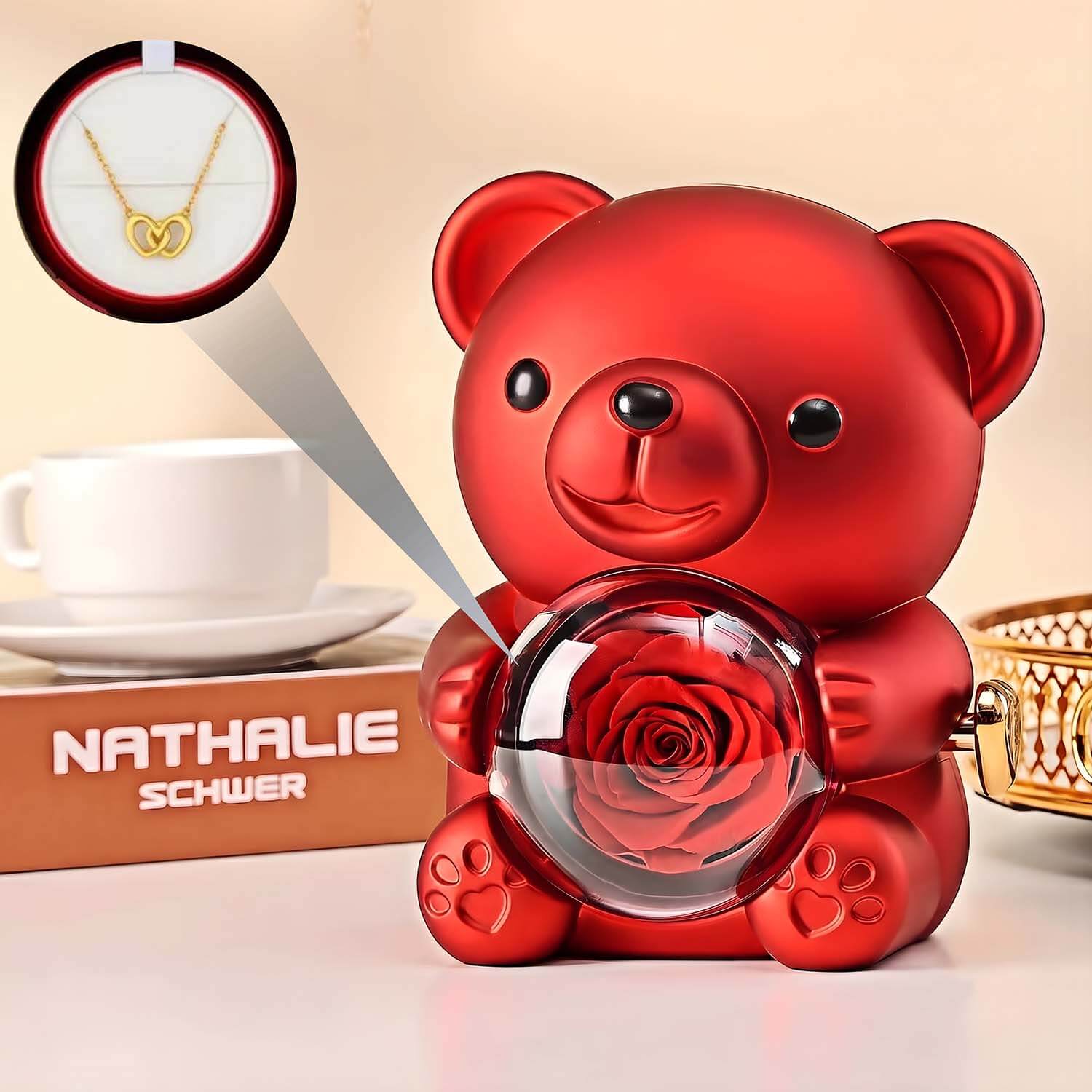 Ascension Rose Teddy Bear Jewellery Gift Box with Hidden Necklace Storage 360° Rotating Preserved Rose Romantic Gift Box for Women, Girlfriend, Wife, Anniversary, Birthday, Valentine's Day, (Red)