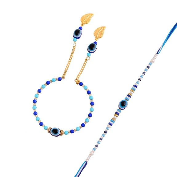 ascension Blue Beads Evil Eye Rakhi Set Combo For Brother Bhaiya Raksha Bandhan Gift Band Moli Bracelet Stone Pearl Designer Rakhi for Brother Bhaiya Bhai With Roli Tilak Pack Card - Image 2