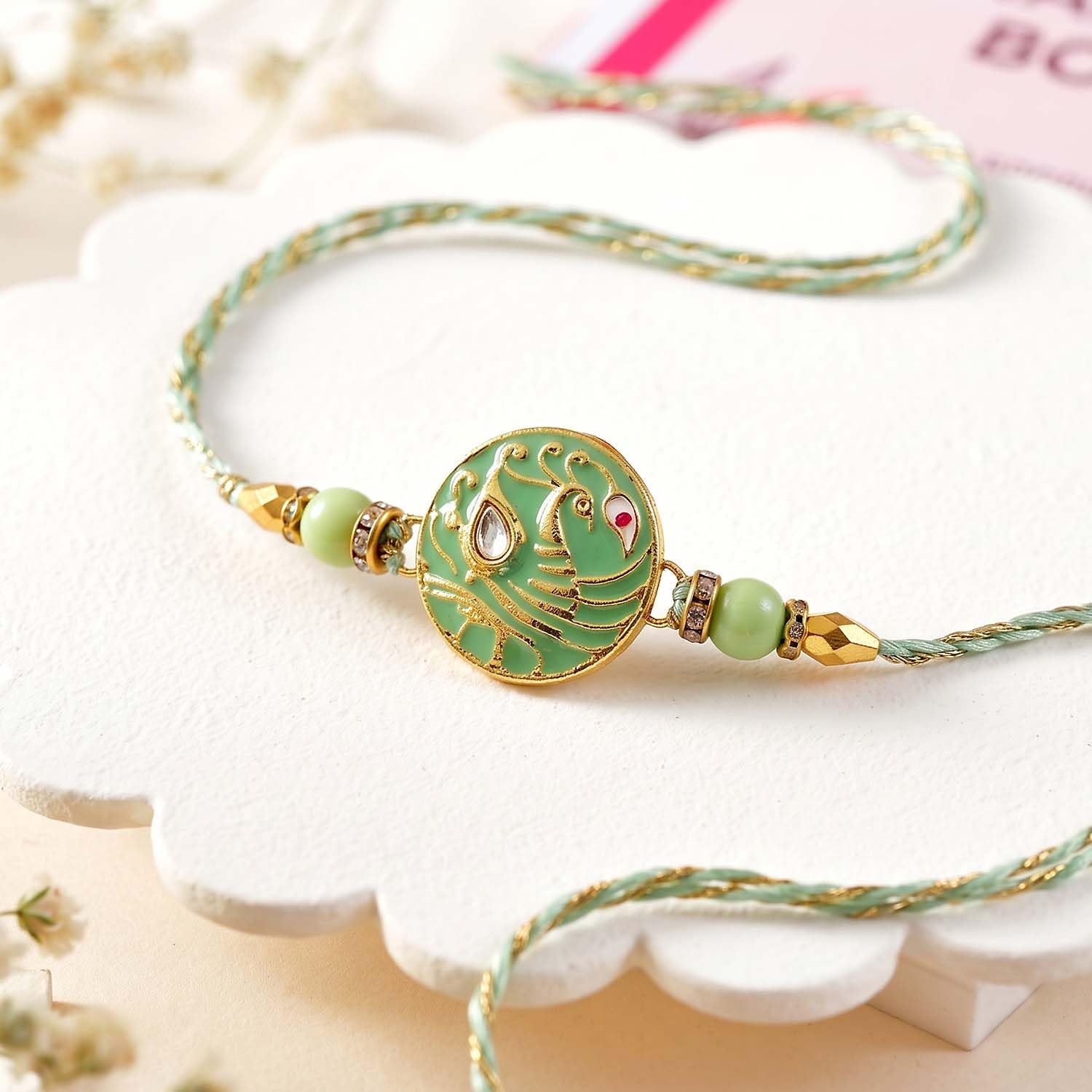 ascension Set of 2 with Peach & Mint Green Peacock Design Rakhi Set for Brother, Bhai Bhaiya & Sister Bracelet with Roli Tilak & You are My Hero Fridge Magnet for Raksha Bandhan Gift - Image 2