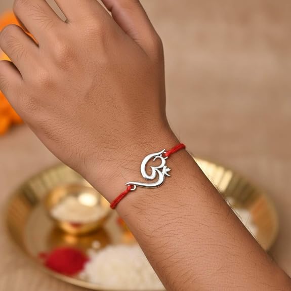 ascension Religious Silver Plated OM Crystal Rakhi for Brother & Bhaiya Stone Pearl Moli Bracelet Raksha Bandhan Set with Roli Tilak & Fridge Magnet