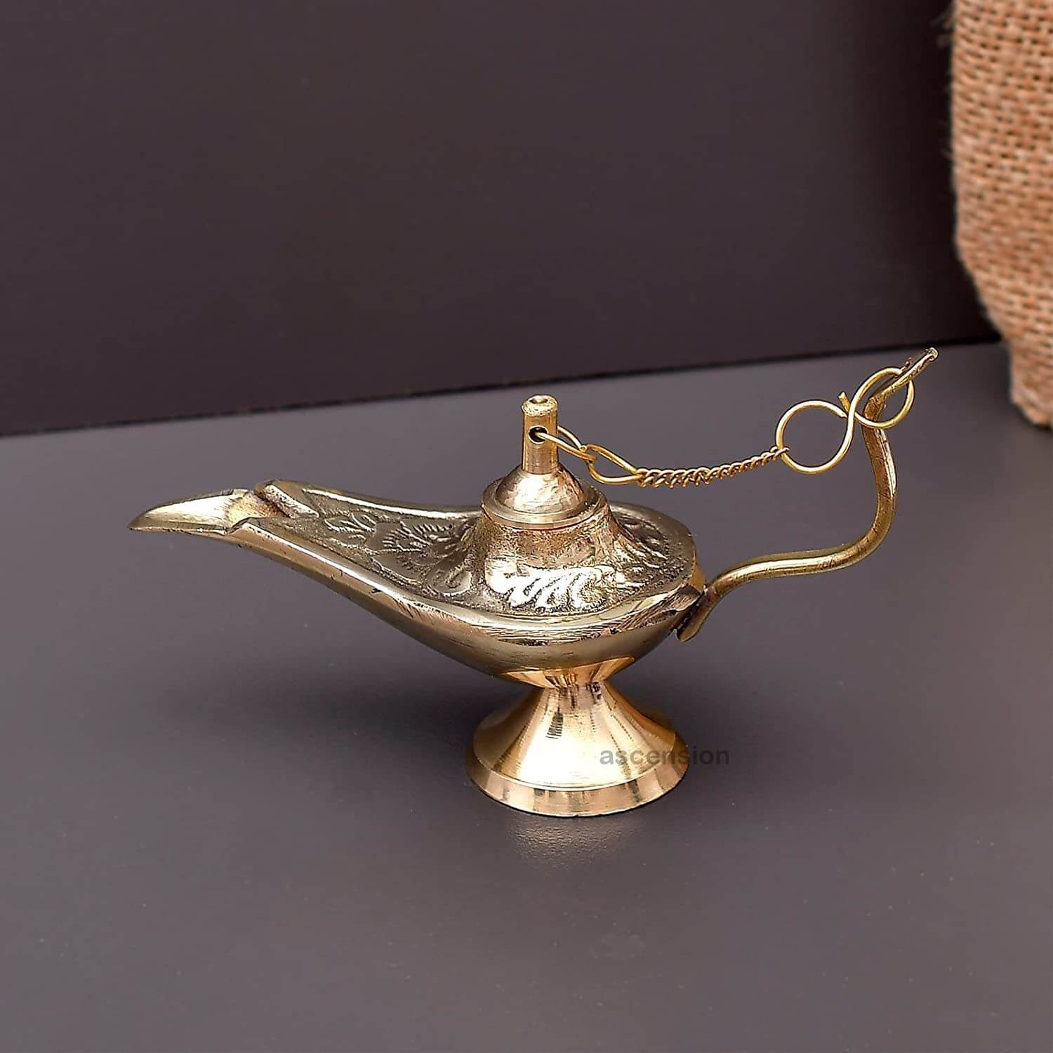 Ascension Brass Hand Crafted Metal Aladdin Chirag Lamp Home Decor Showpiece (Golden) (10x6.5cm)