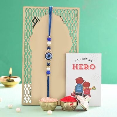 ascension Evil Eye Rakhi for Brother Sister Bhaiya Bhabhi Bracelet for Rakhsha Bandhan Rakhis Set with You are My Hero Fridge Magnet & Roli Tilak