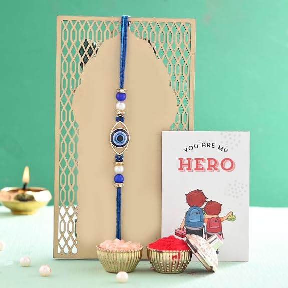 ascension Evil Eye Rakhi for Brother Sister Bhaiya Bhabhi Bracelet for Rakhsha Bandhan Rakhis Set with You are My Hero Fridge Magnet & Roli Tilak