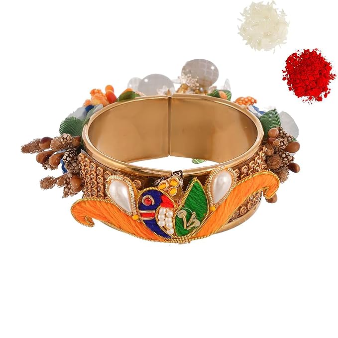 ascension Peacock Metal Kadda bangle bracelet Design Kundan Meena Rakhi Raksha Bandhan Gift Band Moli Bracelet Stone Pearl Designer Rakhi for bhabhi with Roli Tilak Pack - Image 3