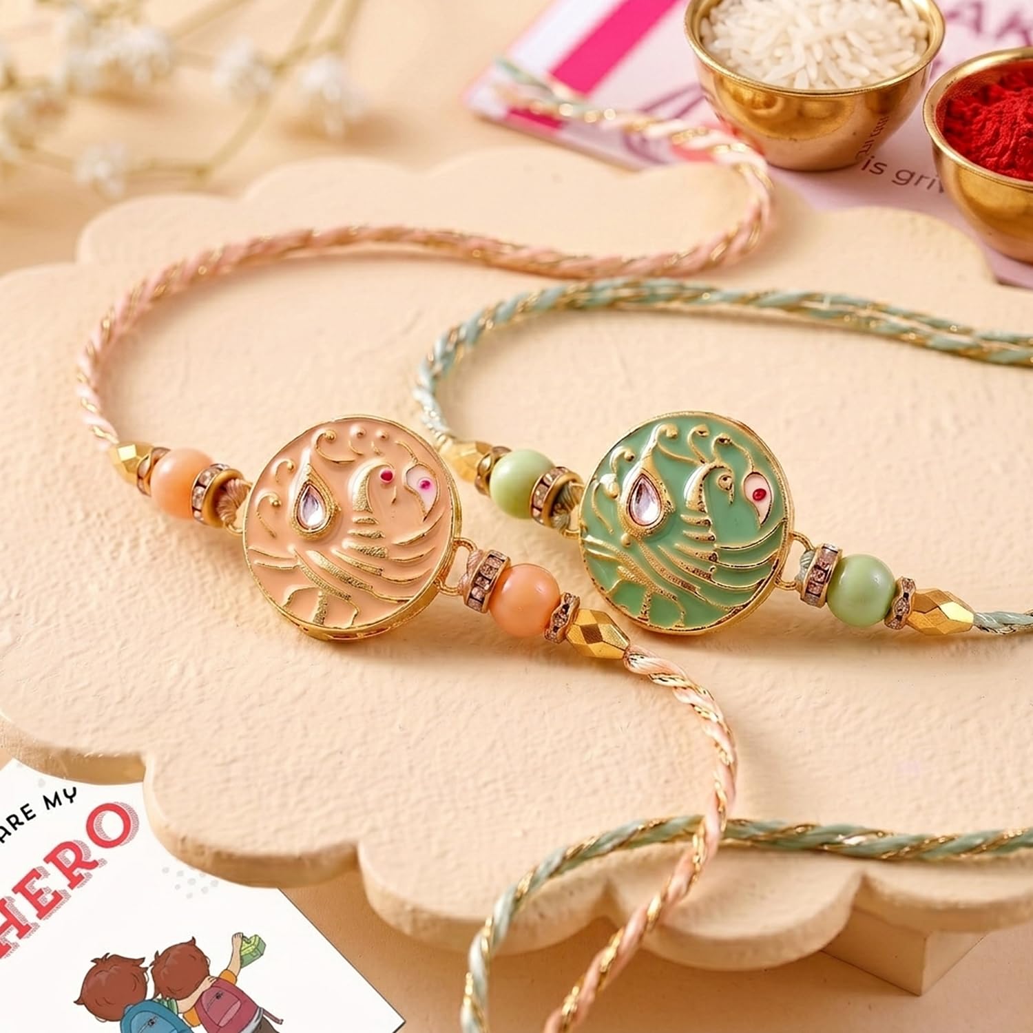 ascension Set of 2 with Peach & Mint Green Peacock Design Rakhi Set for Brother, Bhai Bhaiya & Sister Bracelet with Roli Tilak & You are My Hero Fridge Magnet for Raksha Bandhan Gift