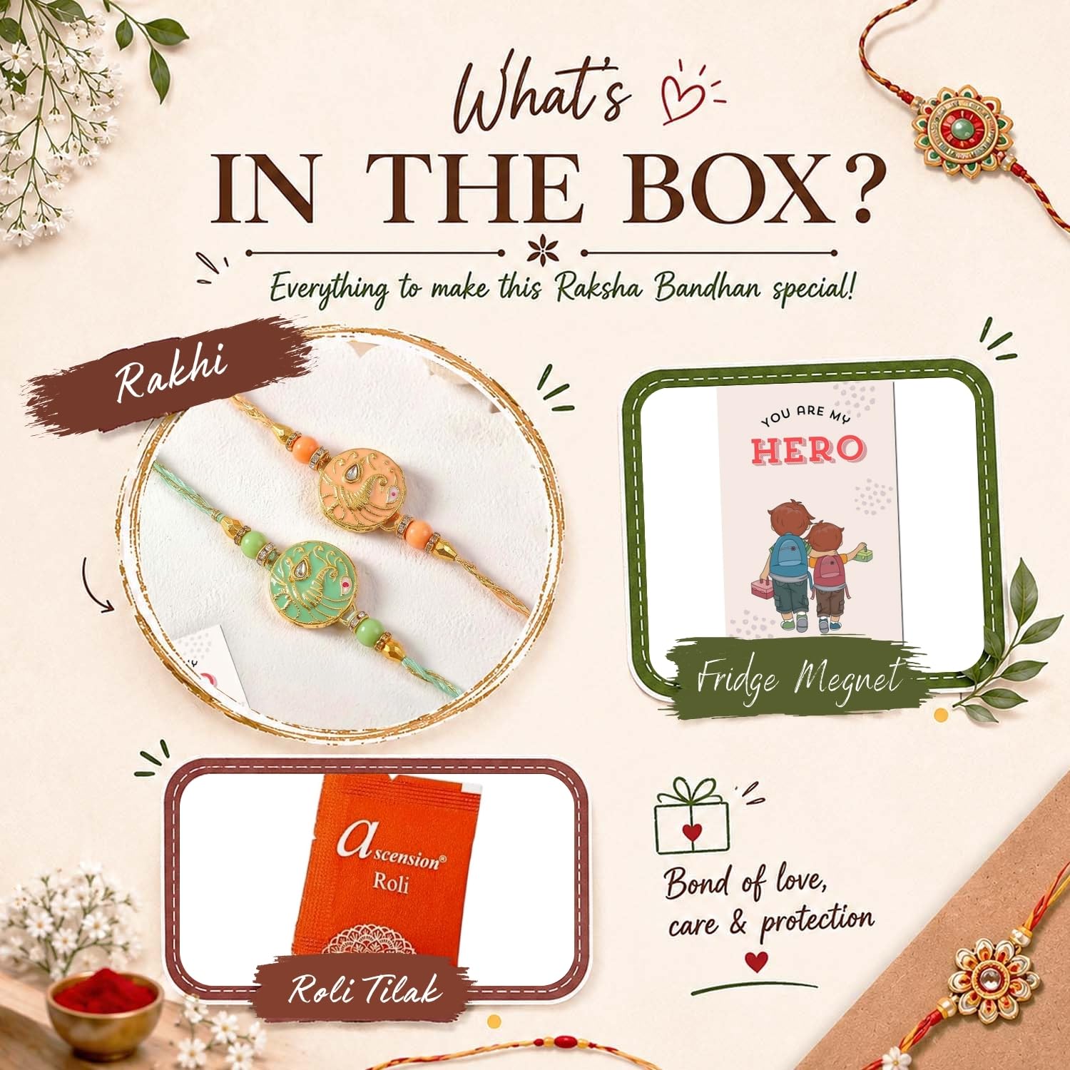 ascension Set of 2 with Peach & Mint Green Peacock Design Rakhi Set for Brother, Bhai Bhaiya & Sister Bracelet with Roli Tilak & You are My Hero Fridge Magnet for Raksha Bandhan Gift - Image 5
