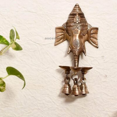 ascension Handcrafted Antique Look Brass Statue Idol Wall Hanging with Diya's and Bells