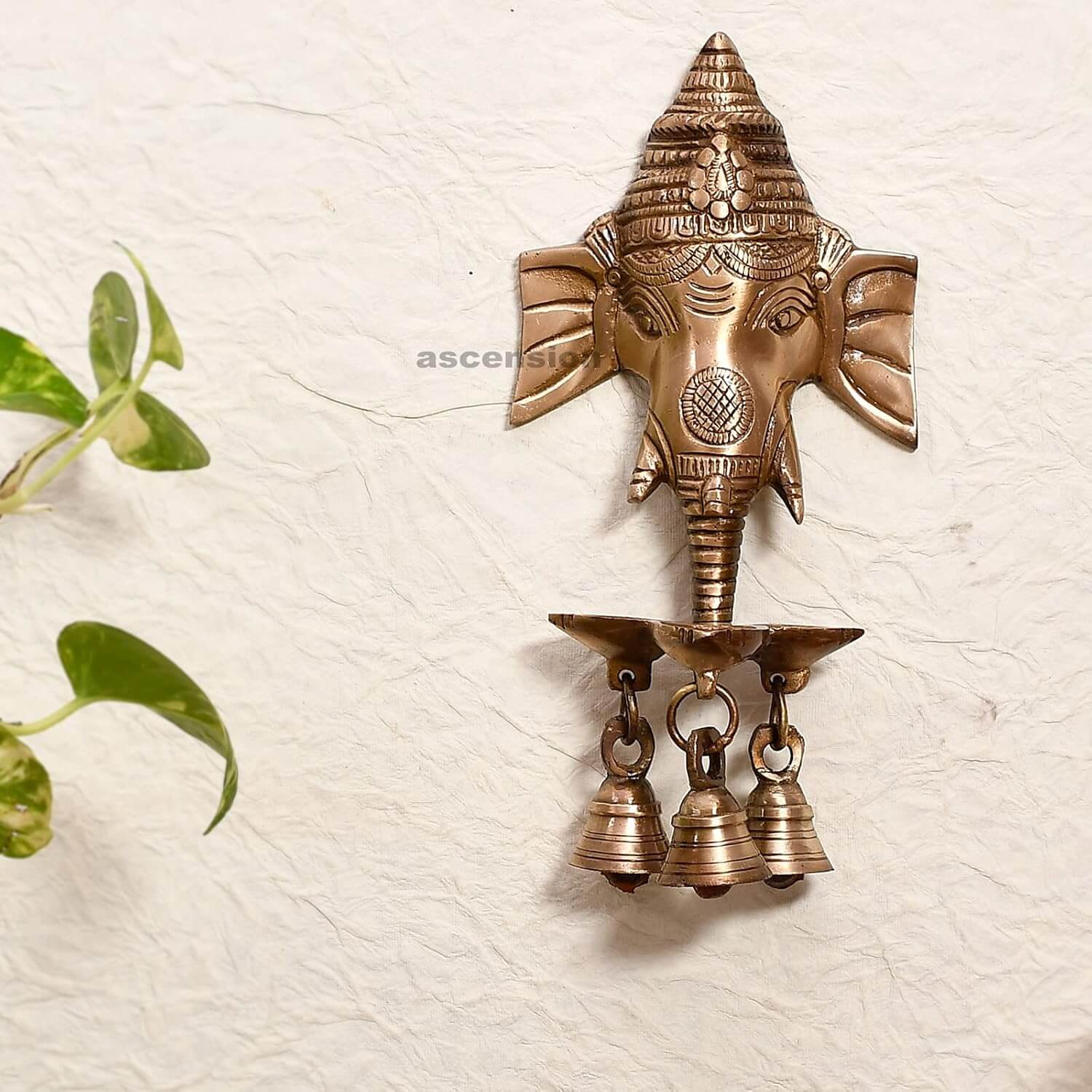 ascension Handcrafted Antique Look Brass Statue Idol Wall Hanging with Diya's and Bells
