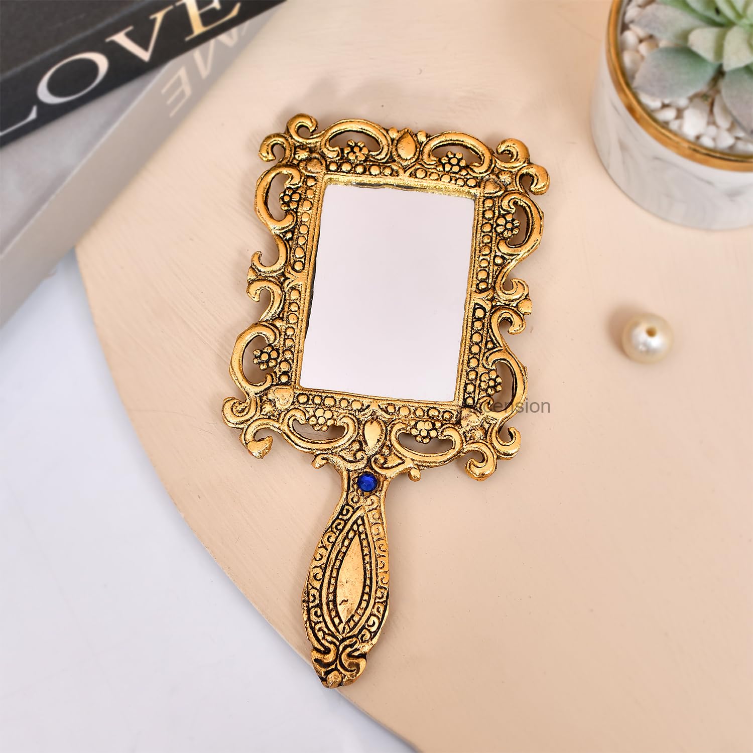 ascension Beautifully Carved Square Shape Gold Plating Metal Hand Mirror for Makeup Salon Portable Travel Skin Mirror Decorative Antique Item Mirror with Handle for Personal Makeup