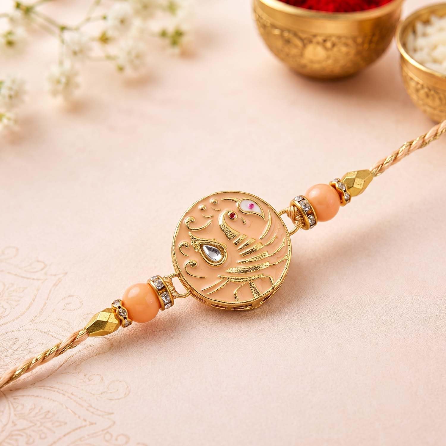 ascension Set of 2 with Peach & Mint Green Peacock Design Rakhi Set for Brother, Bhai Bhaiya & Sister Bracelet with Roli Tilak & You are My Hero Fridge Magnet for Raksha Bandhan Gift - Image 3