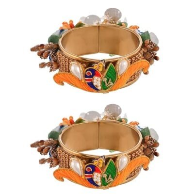 ascension Peacock Metal Kadda bangle bracelet Design Kundan Meena Rakhi Raksha Bandhan Gift Band Moli Bracelet Stone Pearl Designer Rakhi for bhabhi with Roli Tilak Pack