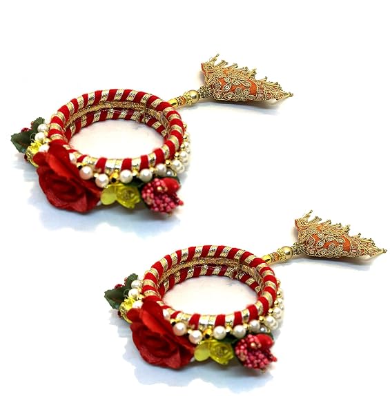 Ascension Beautiful Stone Work traditional Lumba Chuda Hanging Rakhi For Bhabhi Kada Flower Bracelet Kundan Gota Pati Zardosi Golden Thread and Pearl Jumar Latkan Kaleera bangle, kalere Kada Flower Lumba Rakhi for Bhabhi Girls Women Sister