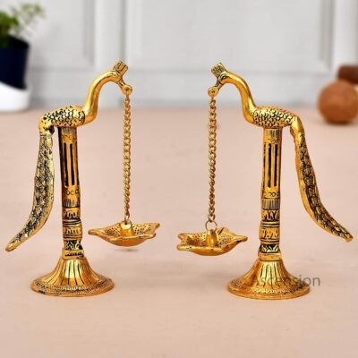 Ascension Handmade Metal 1 Pair of Peacock Long Chain Oil Lamp Diya for Pooja Room Home Decor Offce Hanging Chain Deepak for Temple Home Diwali Decoration Gifts & Puja Decoration Items