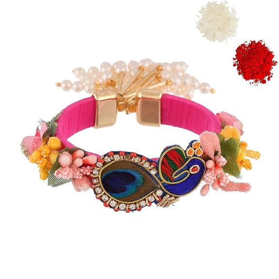 ascension Peacock Pankh Kadda bangle bracelet Design Kundan Meena Rakhi Raksha Bandhan Gift Band Moli Bracelet Stone Pearl Designer Rakhi for bhabhi with Roli Tilak Pack - Image 2