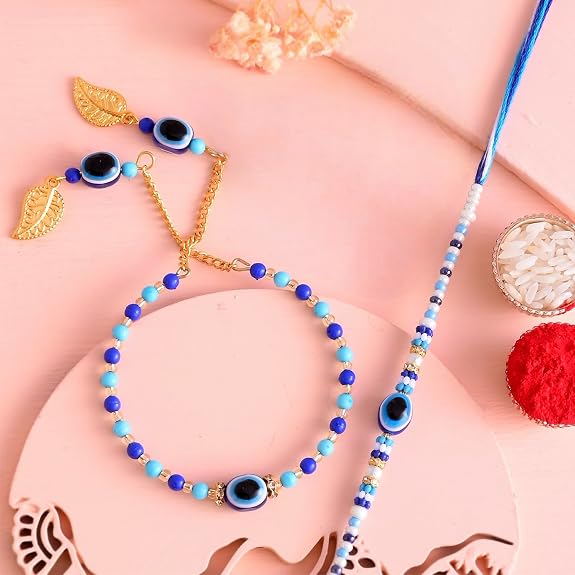 ascension Blue Beads Evil Eye Rakhi Set Combo For Brother Bhaiya Raksha Bandhan Gift Band Moli Bracelet Stone Pearl Designer Rakhi for Brother Bhaiya Bhai With Roli Tilak Pack Card