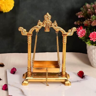 ascension Spiritual Handicrafted Pooja Jhula Swing Palana Nand Gopal Palana Lord Ganesha Krishna Janmashtami Metal Statue Jhula Gold for Home Decor & Office Decor (5.5X8.5 Inch)