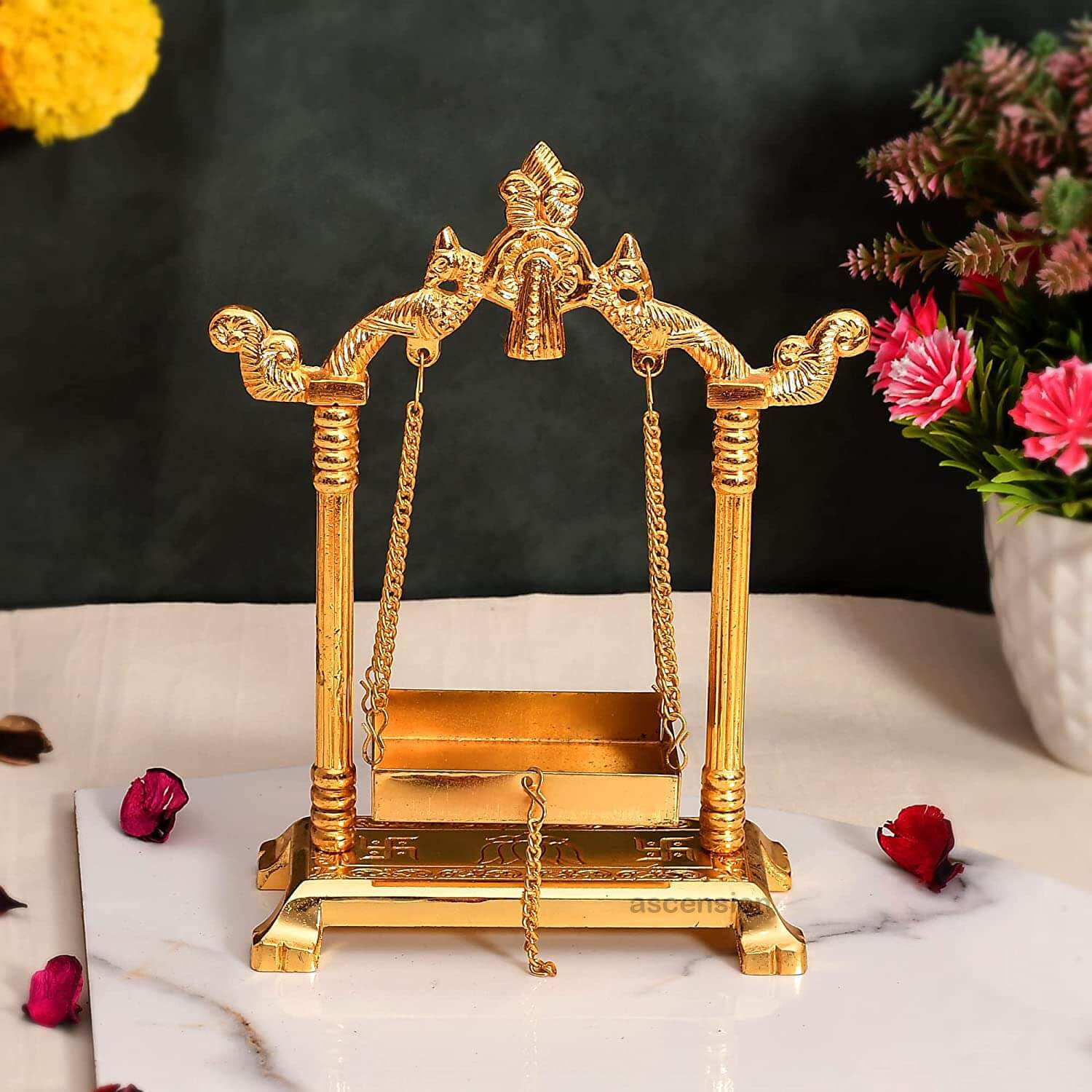 ascension Spiritual Handicrafted Pooja Jhula Swing Palana Nand Gopal Palana Lord Ganesha Krishna Janmashtami Metal Statue Jhula Gold for Home Decor & Office Decor (5.5X8.5 Inch)