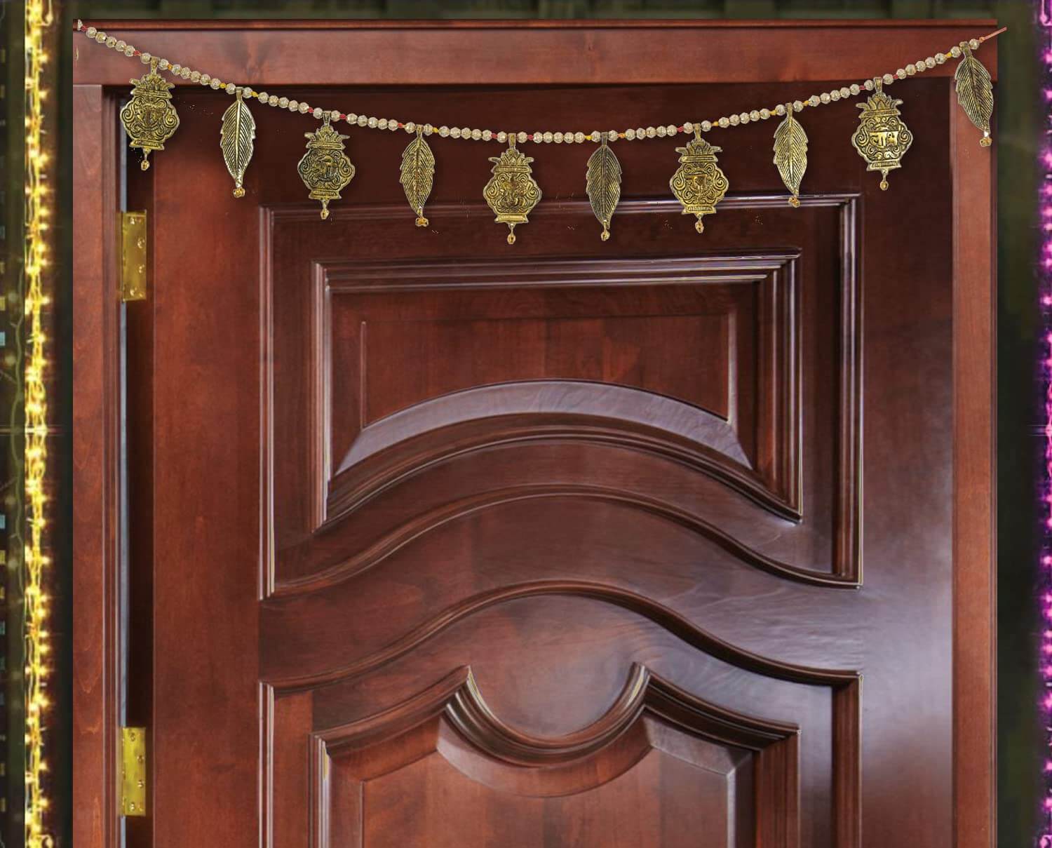 Ascension Traditional Metal Golden Designer Shree Ganesha Namah Kalash Leaf Shubh-Labh Pearl Beads Toran for Main Door Latest Home Decor Hanging Handmade Bandarwal (Design 2)