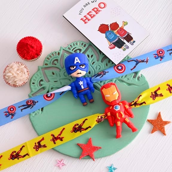 ascension Pack of 2 Kids Cartoon Rakhis for Bhaiya Raksha Bandhan Kids Rakhi Set Rakhis Rakhi with You are My Hero Fridge Magnet & Roli Tilak
