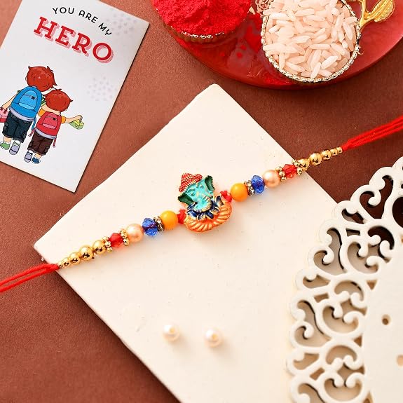 ascension Ganesh Designer Rakhi for Brother Bhaiya Bhabhi Bracelet for Raksha Bandhan Gift with You are My Hero Fridge Magnet & Roli Tilak