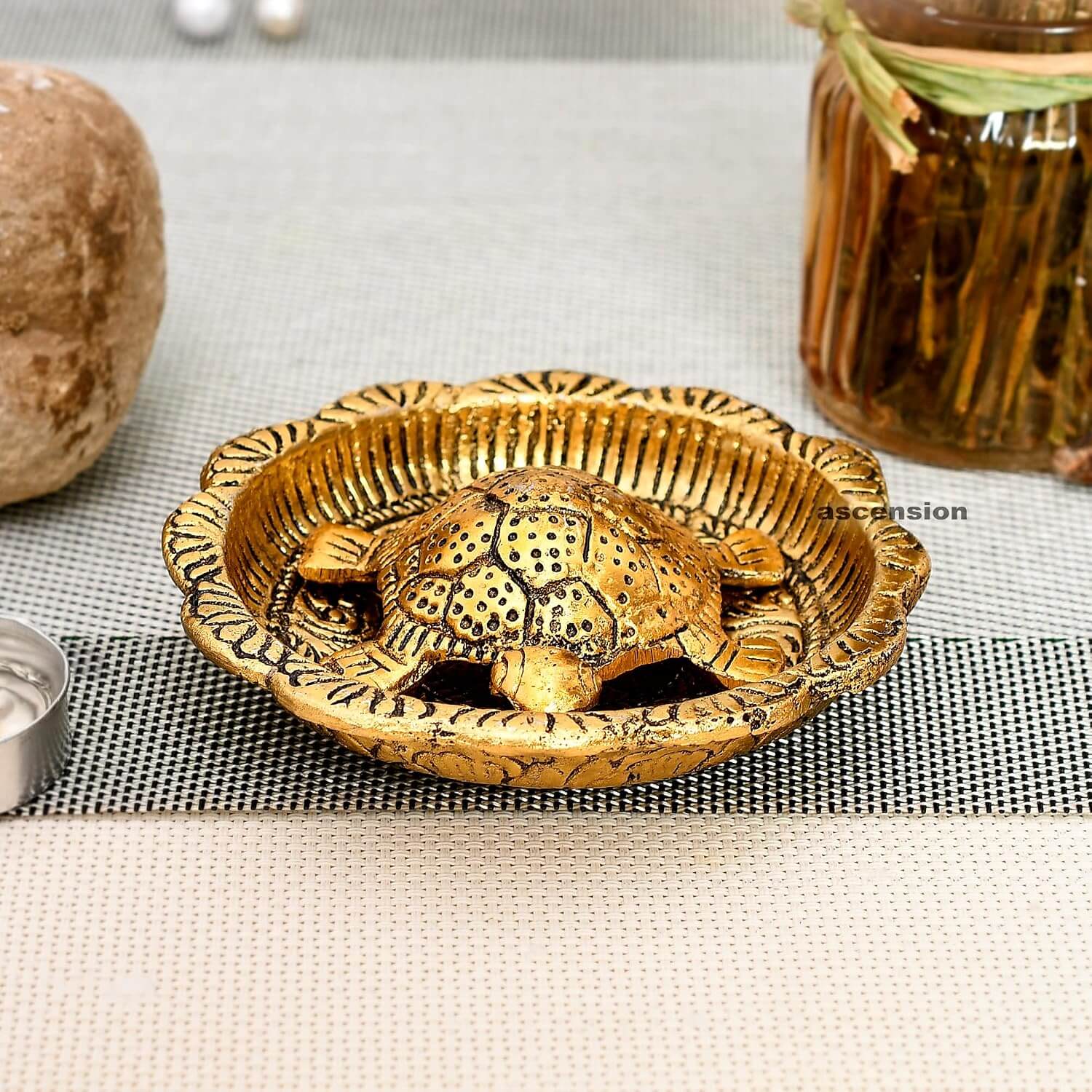 ascension Metal Kachua Tortoise Turtle on Golden Metal Plate with Golden Border Vastu Yantra Feng Shui Decorative Good Luck Showpiece for Home Decor & Office Decoration