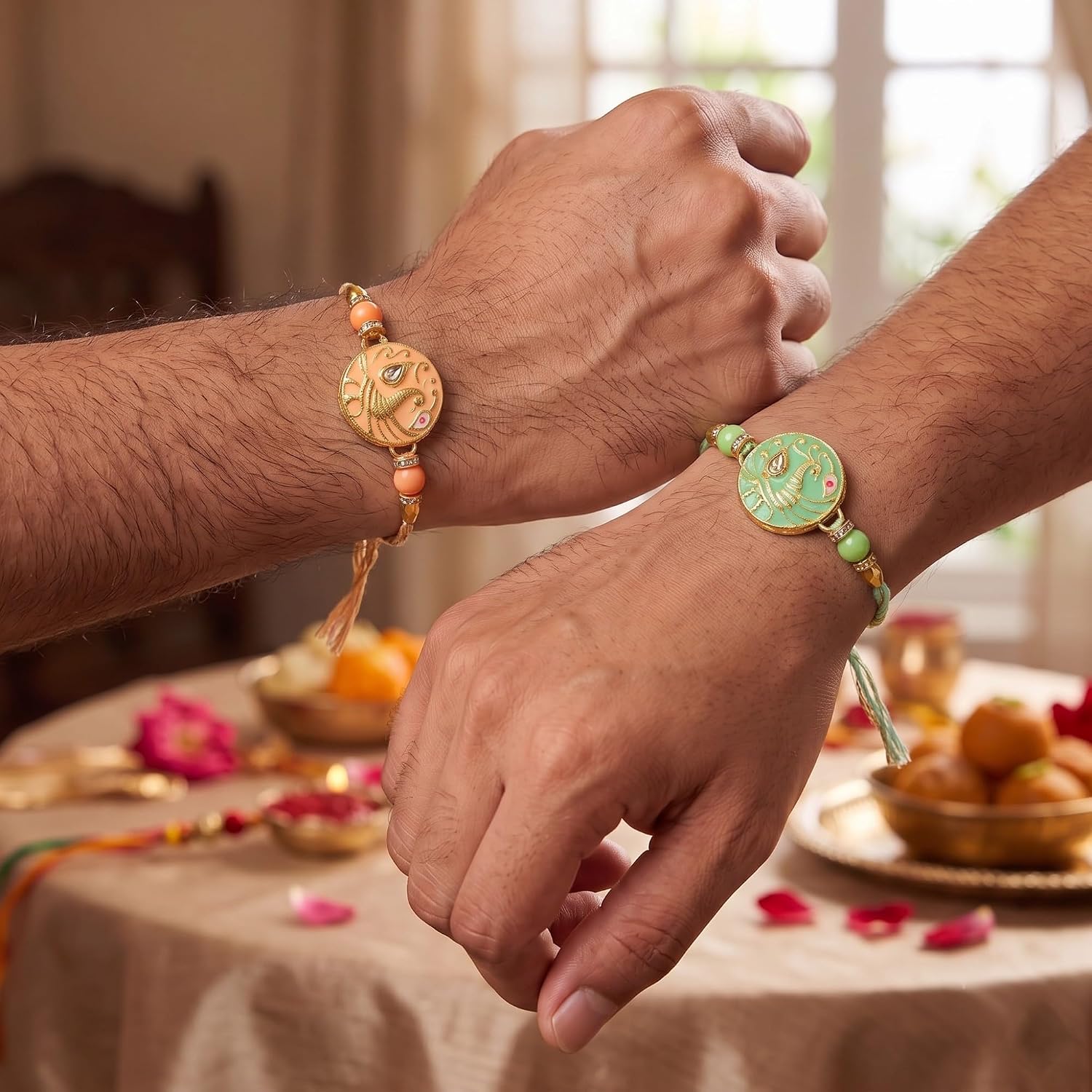 ascension Set of 2 with Peach & Mint Green Peacock Design Rakhi Set for Brother, Bhai Bhaiya & Sister Bracelet with Roli Tilak & You are My Hero Fridge Magnet for Raksha Bandhan Gift - Image 4
