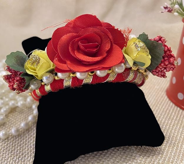 Ascension Beautiful Stone Work traditional Lumba Chuda Hanging Rakhi For Bhabhi Kada Flower Bracelet Kundan Gota Pati Zardosi Golden Thread and Pearl Jumar Latkan Kaleera bangle, kalere Kada Flower Lumba Rakhi for Bhabhi Girls Women Sister - Image 2