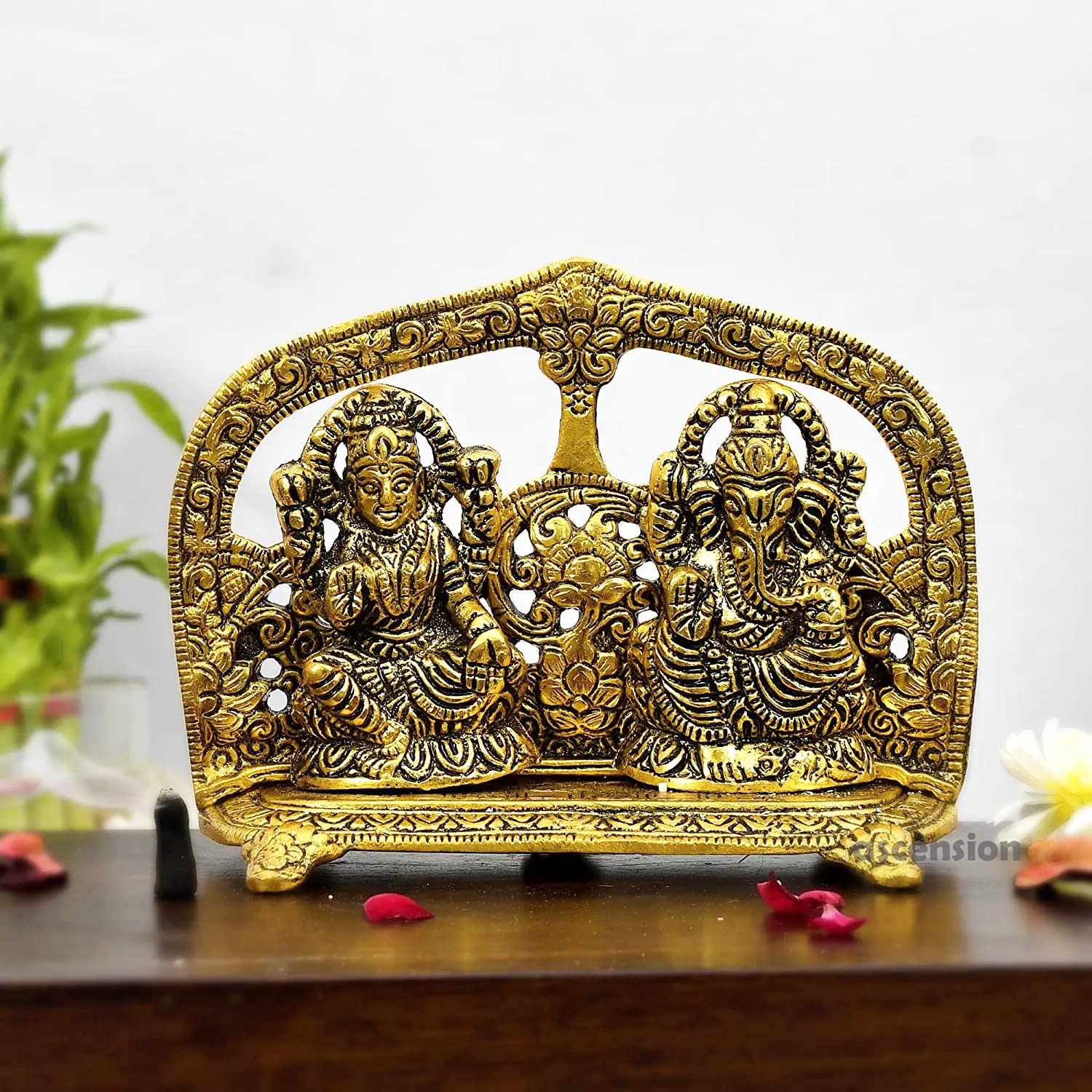 ascension Metal Laxmi Ganesh Gold Plated Decoration Royal Look Anniversary Festivals Gift Handicraft for Home Decor Gift Item Room Home Decoration Diwali Gifts (Golden)
