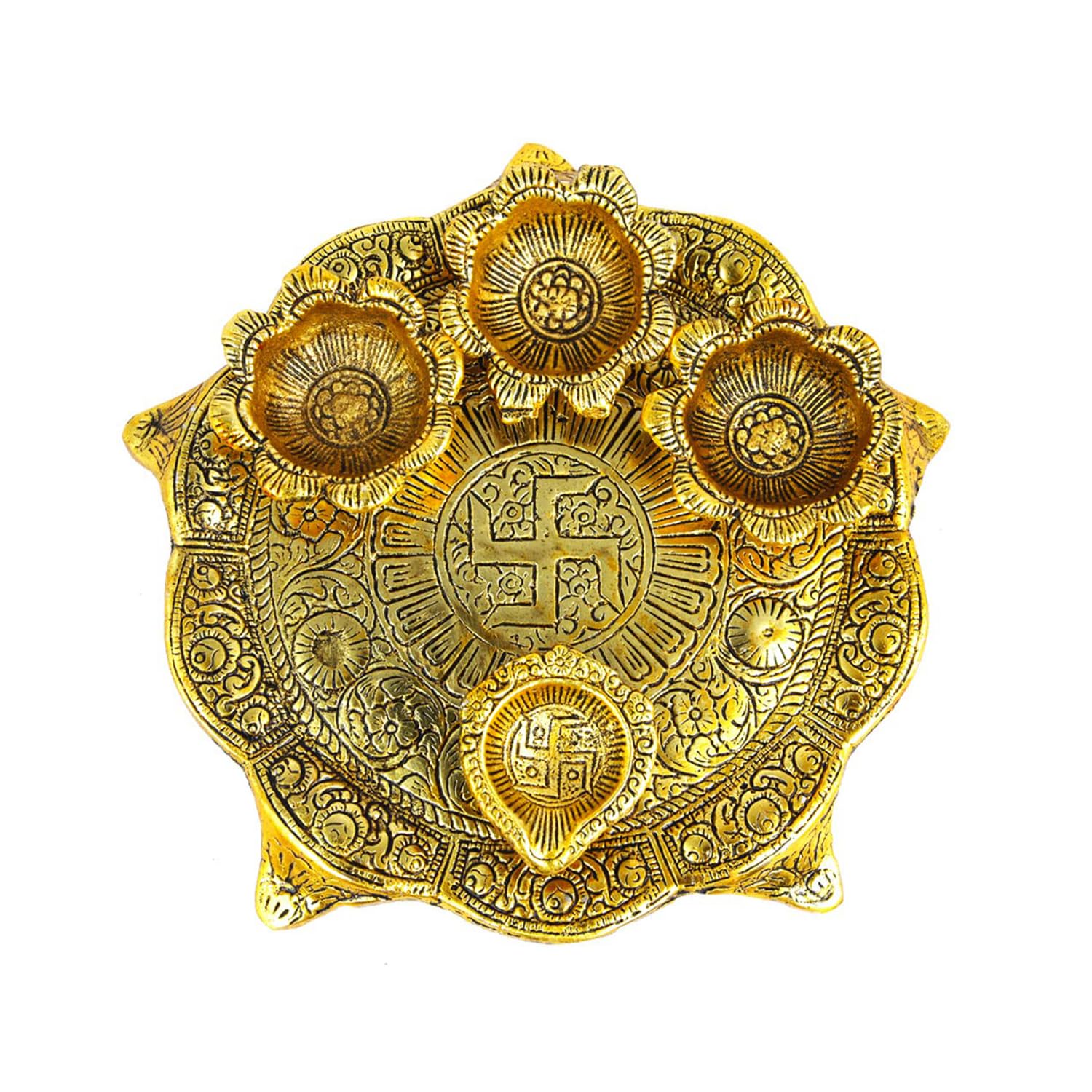 ascension Metal Pooja Thali with Deepak Swastik Flower Plate thali Diya Deepak Thali Puja (Golden)