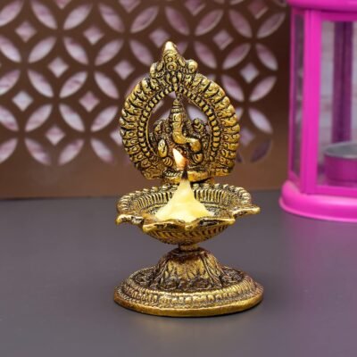 ascension Metal Decorative Platter with Diya Antique Showpiece Set for Worship and Home Decor (Golden) (Pack of 1)