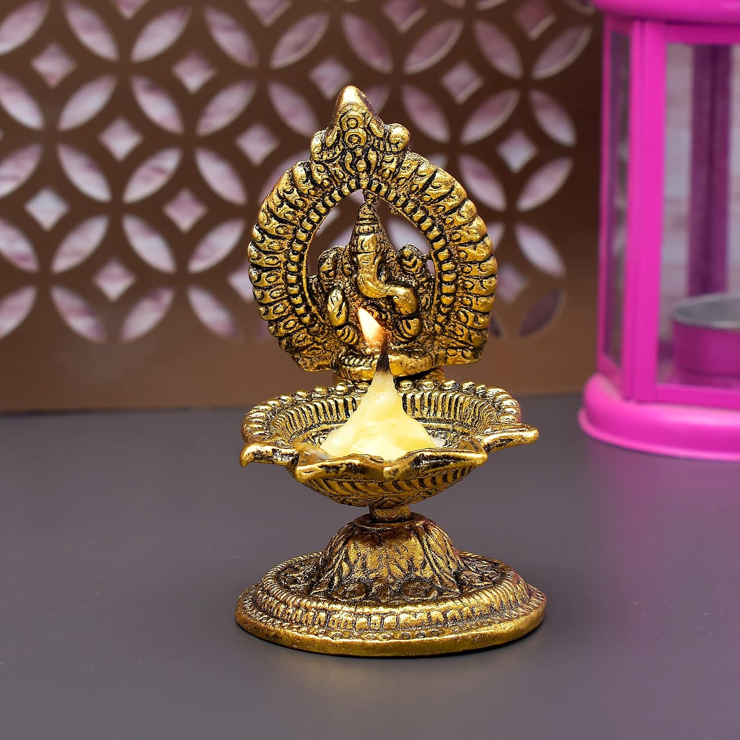 ascension Metal Decorative Platter with Diya Antique Showpiece Set for Worship and Home Decor (Golden) (Pack of 1)