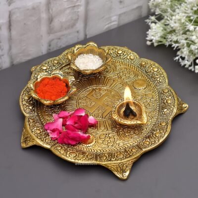 ascension Metal Pooja Thali with Deepak Swastik Flower Plate thali Diya Deepak Thali Pooja Thali for Diwali Gift
