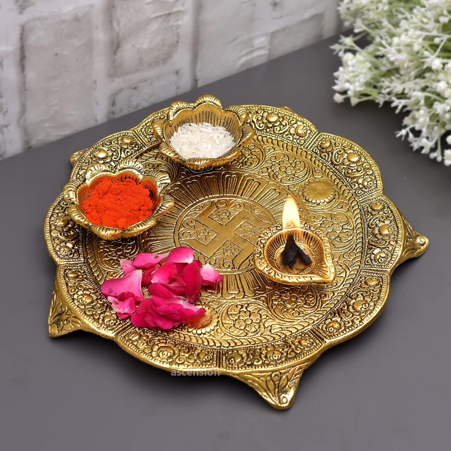 ascension Metal Pooja Thali with Deepak Swastik Flower Plate thali Diya Deepak Thali Pooja Thali for Diwali Gift