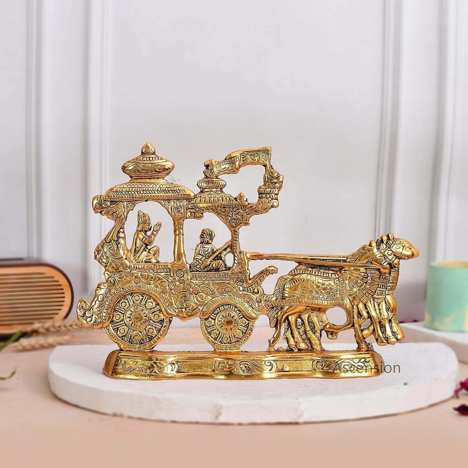 ascension Metal Gold Plated Antique Lord Krishna and Arjun Rath Chariot with Two Horses for Home Office Pooja Room Living Room Diwali Gift Items