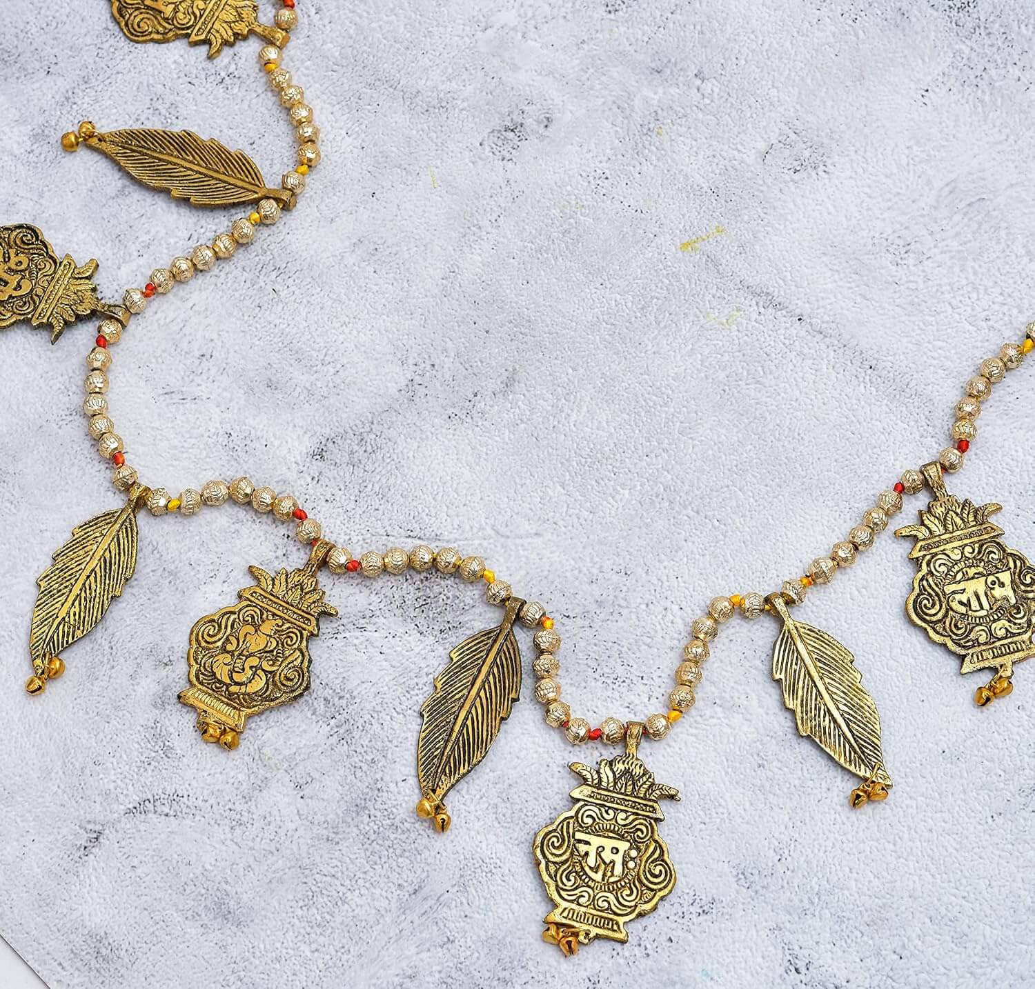 Ascension Traditional Metal Golden Designer Shree Ganesha Namah Kalash Leaf Shubh-Labh Pearl Beads Toran for Main Door Latest Home Decor Hanging Handmade Bandarwal (Design 2) - Image 2