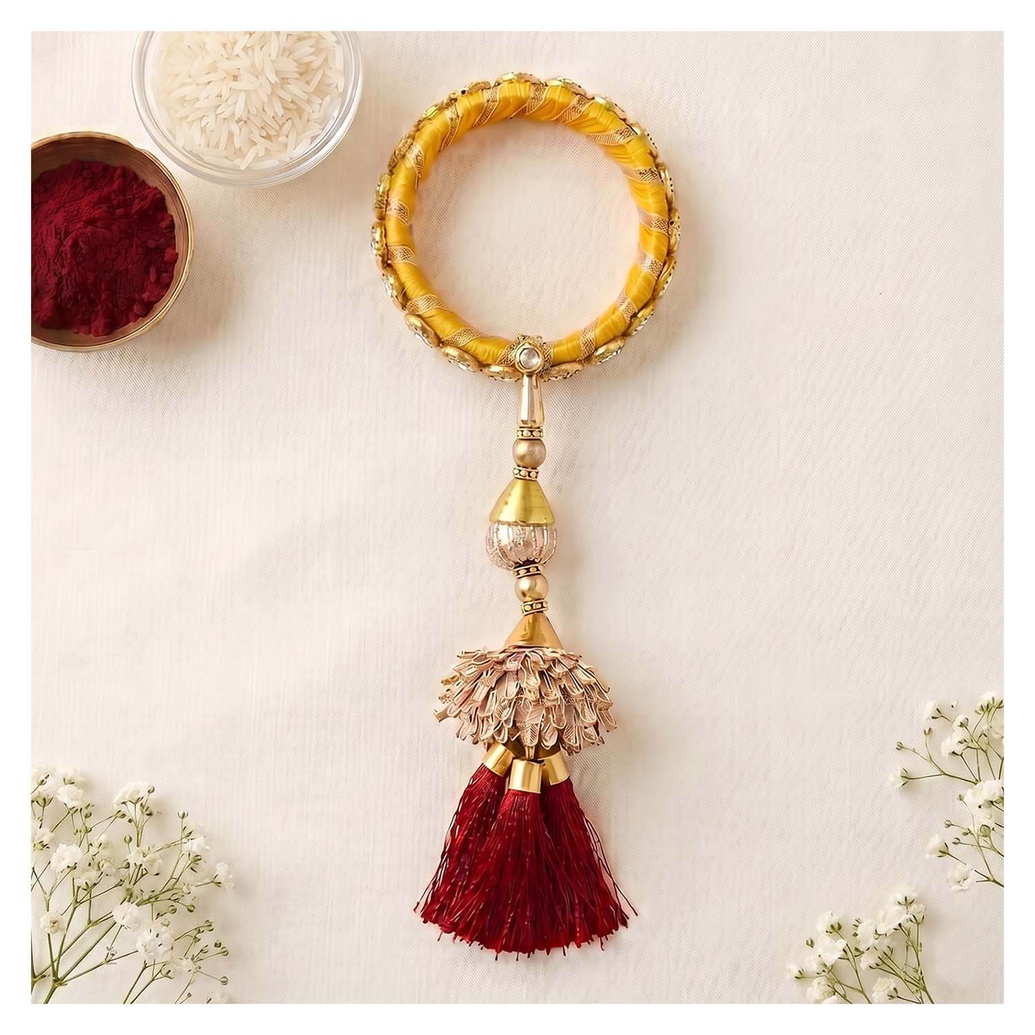 ascension ® Flower Beats Bracelet Kundan Kada Gota Pati Golden Thread and Pearl Jumar Latkan Kaleera bangle, kalere Kada Flower Lumba Rakhi for Bhabhi Girls Women Sister - Image 4