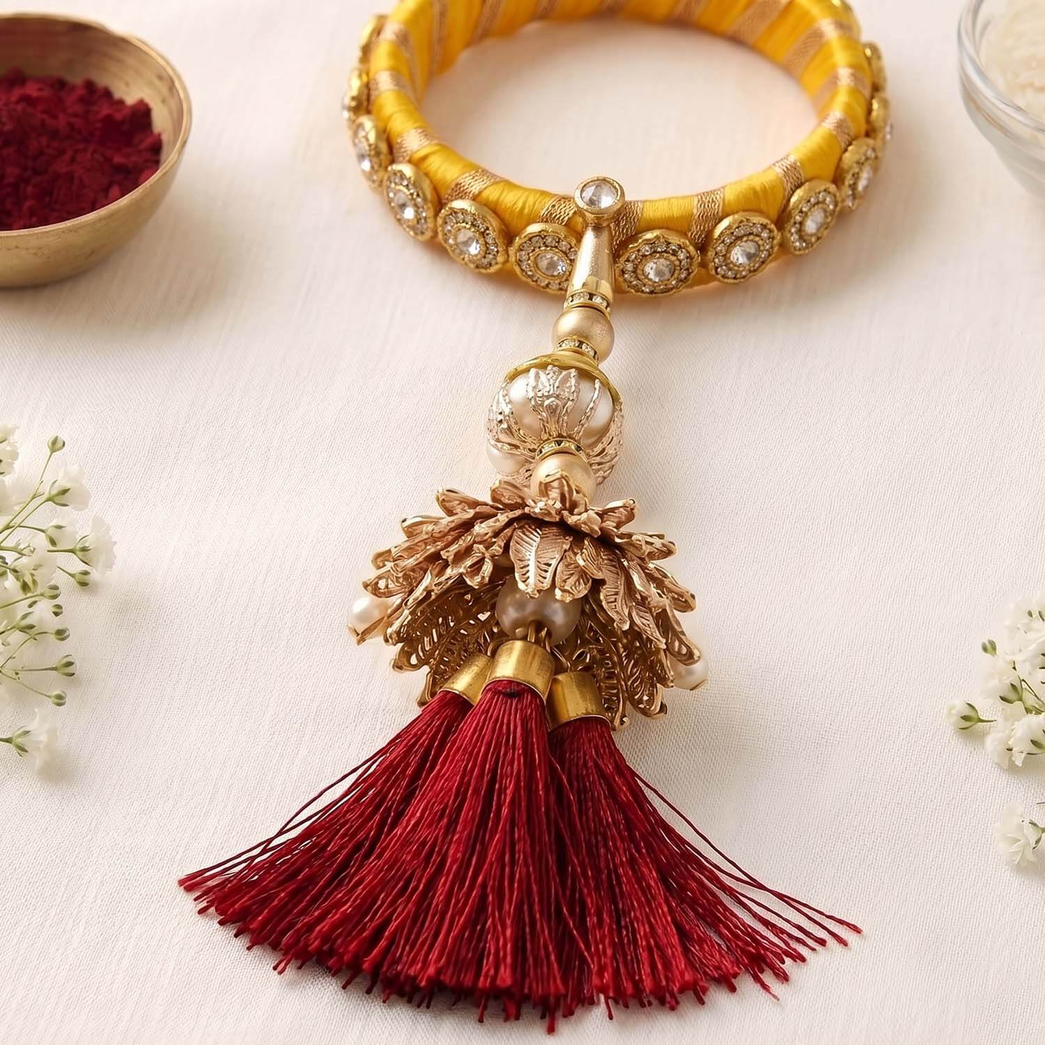 ascension ® Flower Beats Bracelet Kundan Kada Gota Pati Golden Thread and Pearl Jumar Latkan Kaleera bangle, kalere Kada Flower Lumba Rakhi for Bhabhi Girls Women Sister - Image 3