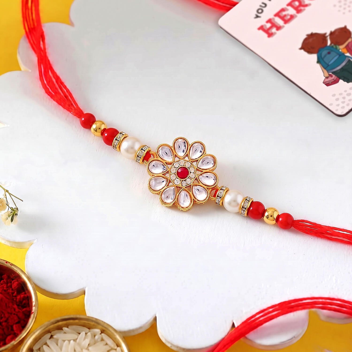 Ascension Flower Rakhi For Brother Bhaiya Bhabhi Raksha Bandhan Gift Band Moli Bracelet Stone Pearl Designer Traditional Rakhi with Roli Tilak & Best Brother Fridge Magnet