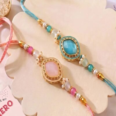 ascension Set of 2 with Pastel Pink & Blue Stone, Pearl Beads Rakhi Set for Brother, Bhai Bhaiya & Sister Bracelet with Roli Tilak & You are My Hero Fridge Magnet for Raksha Bandhan Gift