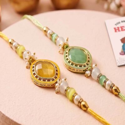 ascension Set of 2 with Yellow & Green, Pearl Beads Rakhi Set for Brother, Bhai Bhaiya & Sister Bracelet with Roli Tilak & You are My Hero Fridge Magnet for Raksha Bandhan Gift