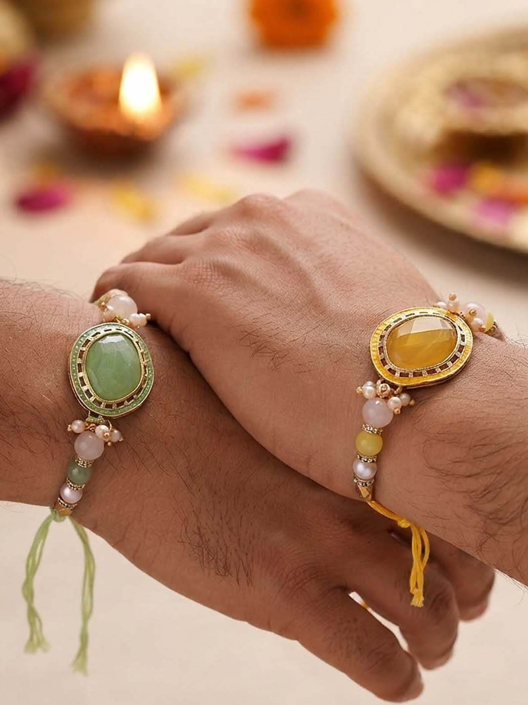 ascension Set of 2 with Yellow & Green, Pearl Beads Rakhi Set for Brother, Bhai Bhaiya & Sister Bracelet with Roli Tilak & You are My Hero Fridge Magnet for Raksha Bandhan Gift - Image 4