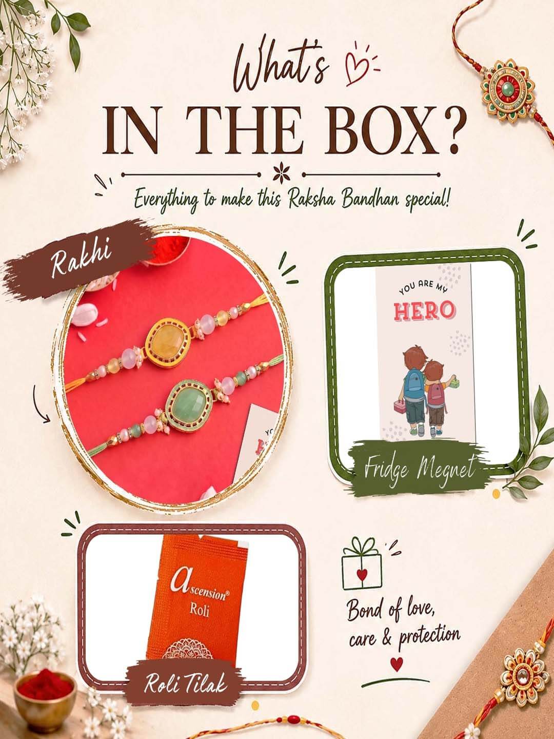 ascension Set of 2 with Yellow & Green, Pearl Beads Rakhi Set for Brother, Bhai Bhaiya & Sister Bracelet with Roli Tilak & You are My Hero Fridge Magnet for Raksha Bandhan Gift - Image 5